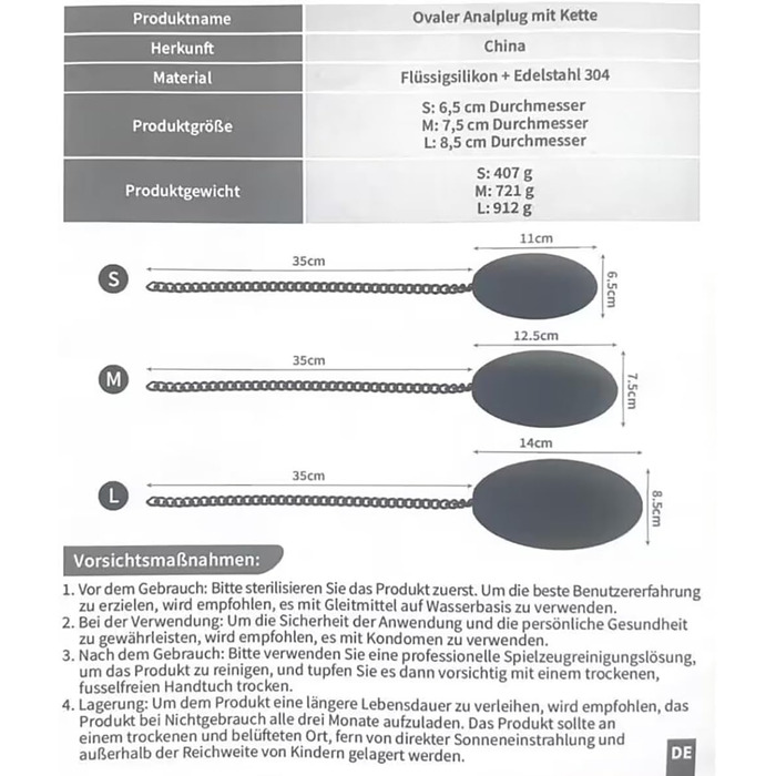 Анальний плагін Jixaxe з ланцюгом, анальні кулі, анальний ділдо, buttplug, великі анальні плагіни з гіпоалергенного силікону, секс-іграшка для жінок та чоловіків, 3 розміри S/M/L, анальні плагіни, секс-іграшки (M: Ø7,5cm)