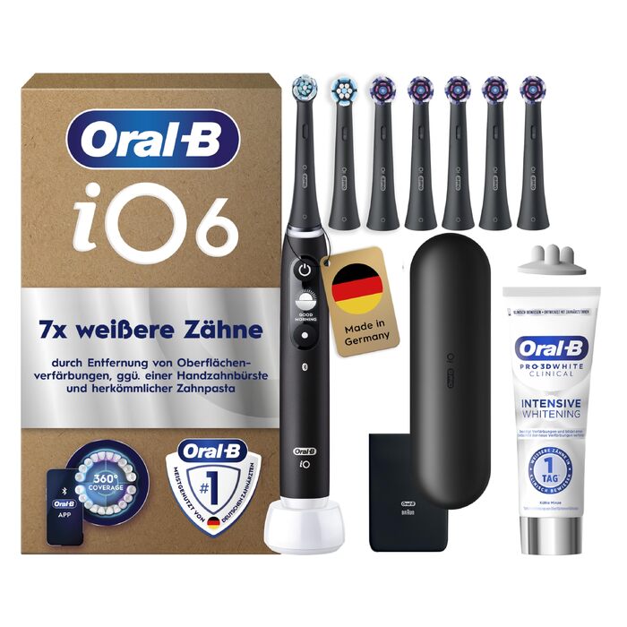 Електрична зубна щітка Oral-B iO Series 6 білого кольору, 5 режимів чищення, набір з 2 насадок, дорожнім футляром та аксесуарами