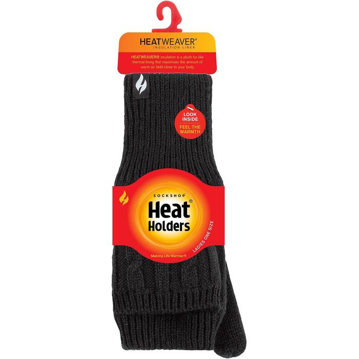 Жіночі терморукавички-конвертери HEAT HOLDERS з відкритими пальцями, в'язаний візерунок «коса», чорні, 2.3 Tog