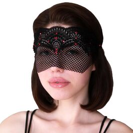 Чорна мереживна півмаска для жінок з червоними стразами – венеціанська маска для маскараду, карнавалу, весілля, вечірки, косплею, бурлеску та Марді Гра (Чорний (червоні стрази))