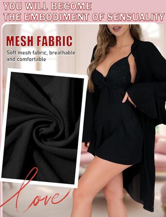 Жіночий комплект білизни AIEOE: мереживний халат-бандаж, нічна сорочка, babydoll, чорний