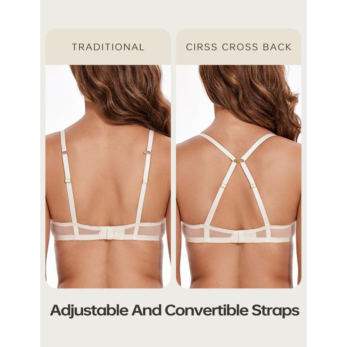 Жіночий бюстгальтер Wingslove з кісточками, мереживний, прозорий, без пуш-апу, з силіконовими накладками на соски (80B, слонова кістка)