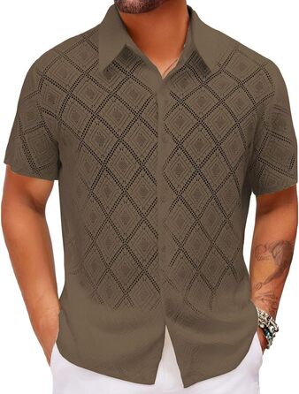 Чоловіча сорочка SOOUICKER з мереживом, короткі рукави, літня сорочка вільного крою, для відпочинку та свят, білий (кофе, XL)