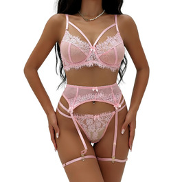 Жіночий комплект спідньої білизни з поясом для панчіх, мереживний, 4-частинний, висока талія, бретельки, без панчіх, рожевий, розмір 36