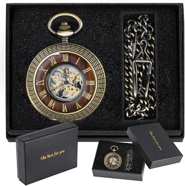 Скелетон кишеньковий механічний годинник Tiong Vintage Steampunk з ланцюжком, римські цифри, бронзовий колір (у подарунковій коробці)