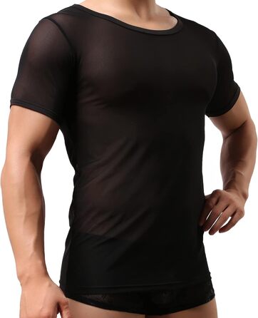 Чоловіча прозора футболка, мереживна сорочка, облягаючий крій, сексуальна білизна, чорний колір, розміри S, M, L, XL