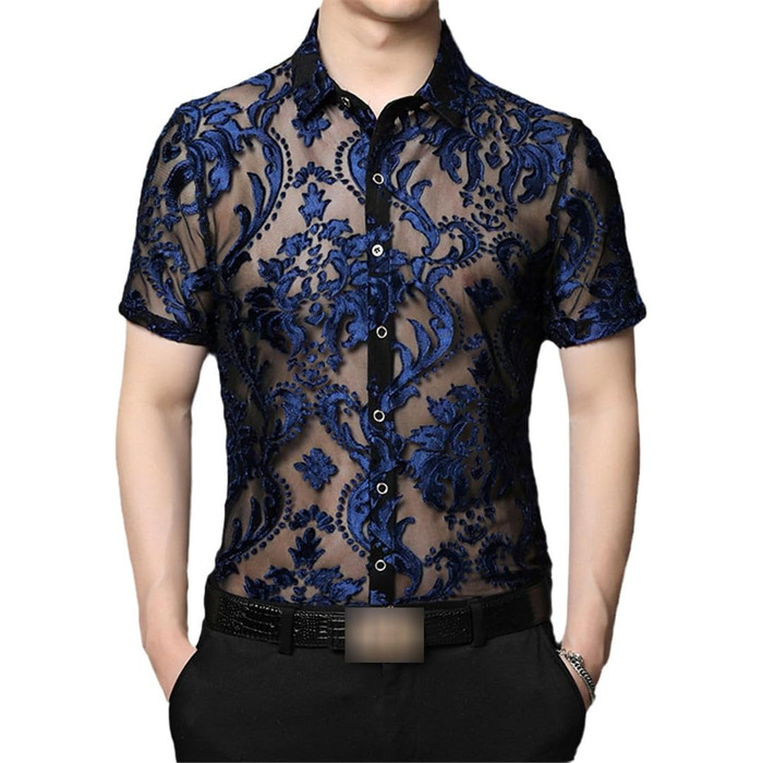 Чоловіча сорочка Yeuyyben з прозорою вставкою, літня, з короткими рукавами, дихаюча, для вечірок та клубів (L, Синій)