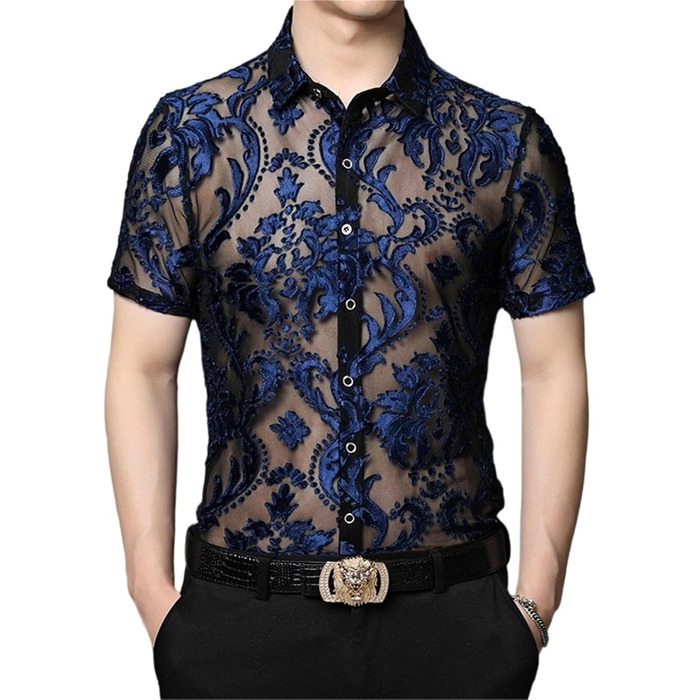 Чоловіча сорочка Sawmew, сітка, прозора, коротка, для клубів, мереживна, блакитна S