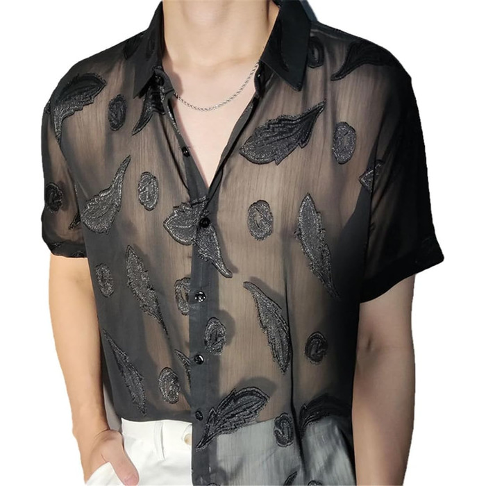 Прозора сорочка з коротким рукавом для чоловіків Yeuyyben - сексуальна сорочка для клубу (EU L-XL, 85-90KG)