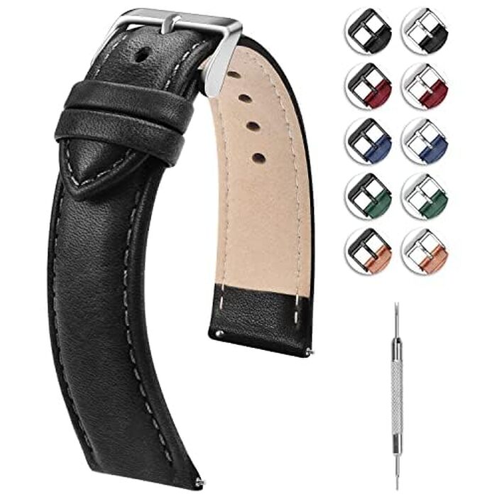 Шкіряний ремінець Fullmosa 22 мм для Samsung Galaxy Watch 46 мм, Galaxy Watch 3 45 мм, Gear S3 Frontier/Classic, чорний колір, срібляста застібка