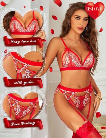 RSLOVE Комплект нижньої білизни Daen Dessous: мереживний тіло, стрінги та топ - чорний, червоний, білий (L, Red Remix White)