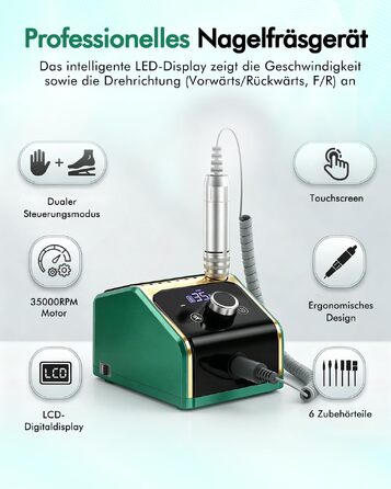 Професійний електричний апарат для манікюру та педикюру CozyZen 35 000 об/хв з LCD-дисплеєм, ручною та ножною педалями, для акрильнИх, гелевих та натуральних нігтів (Зелений)