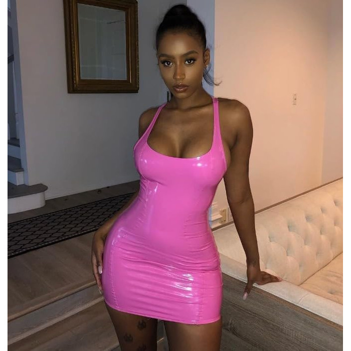 Сукня міні з екошкіри для вечірок та клубів, рожева, розмір M - Sexy Bodycon з U-подібним вирізом