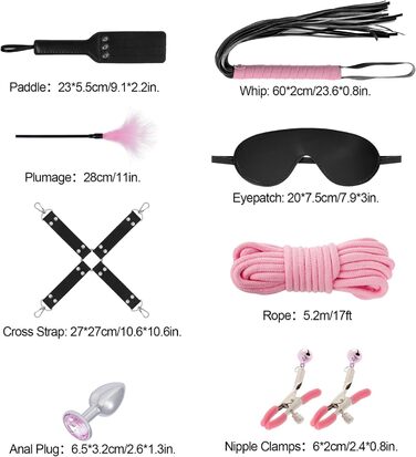Набір для БДСМ зв'язування (12 предметів): наручники, фіксатори для щиколоток, анальний плагін, клямки для сосків, м'ячик-кнебель, перо-піксель, маска для очей, батіг, лопатка, бавовняне мотузка (рожевий та чорний)