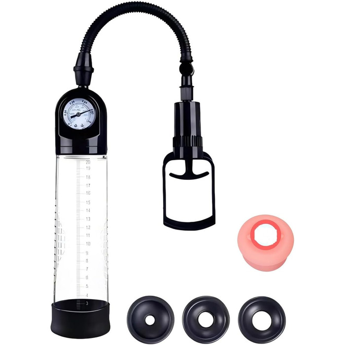 Ручний масажер для збільшення пеніса з силікону та 3 насадки. Масажер-накачувач з манометром та шкалою. Для чоловіків. (D,Positive)