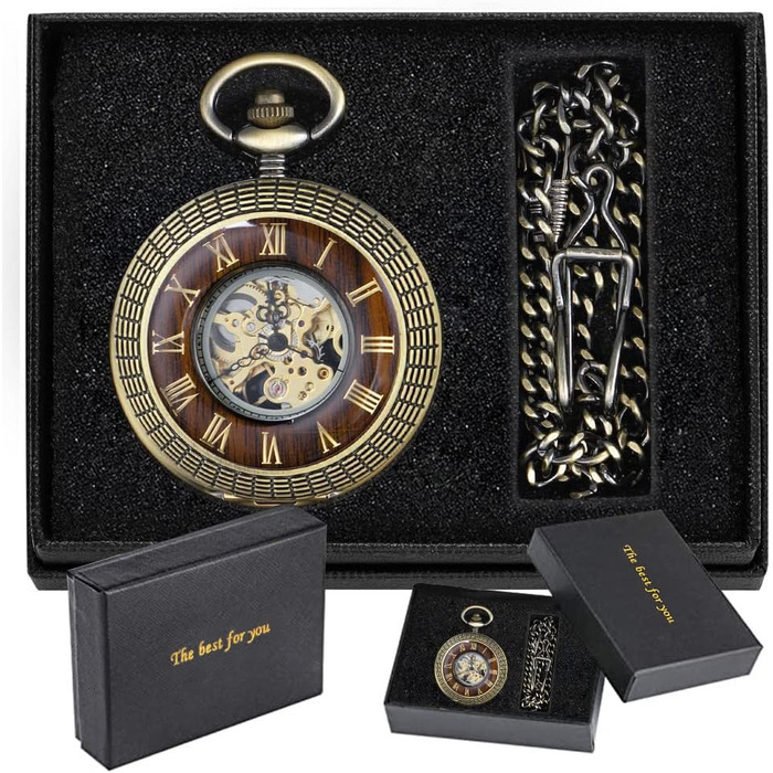 Скелетон кишеньковий механічний годинник Tiong Vintage Steampunk з ланцюжком, римські цифри, бронзовий колір (у подарунковій коробці)