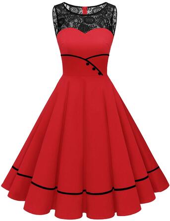 Сукня коктейльна жіноча Bbonlinedress Rockabilly червона, 50-ті, мереживна, з фалдами, без рукавів, з круглим вирізом, розмір XL