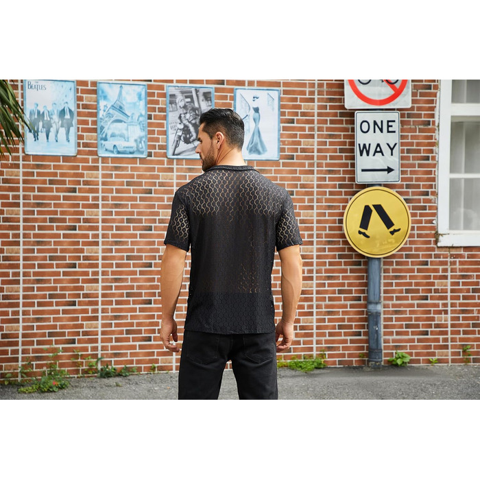 Чоловіча мереживна сорочка ABEHIK, чорна, з короткими рукавами, для вечірок та клубів