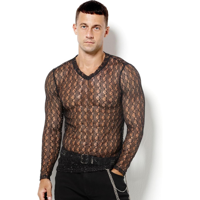 Муслін футболка Casey Kevin Herren Transparent, прозора сітка з довгим рукавом, сріблясті акценти, вертикальна смужка, V-подібний виріз, A2-чорний L