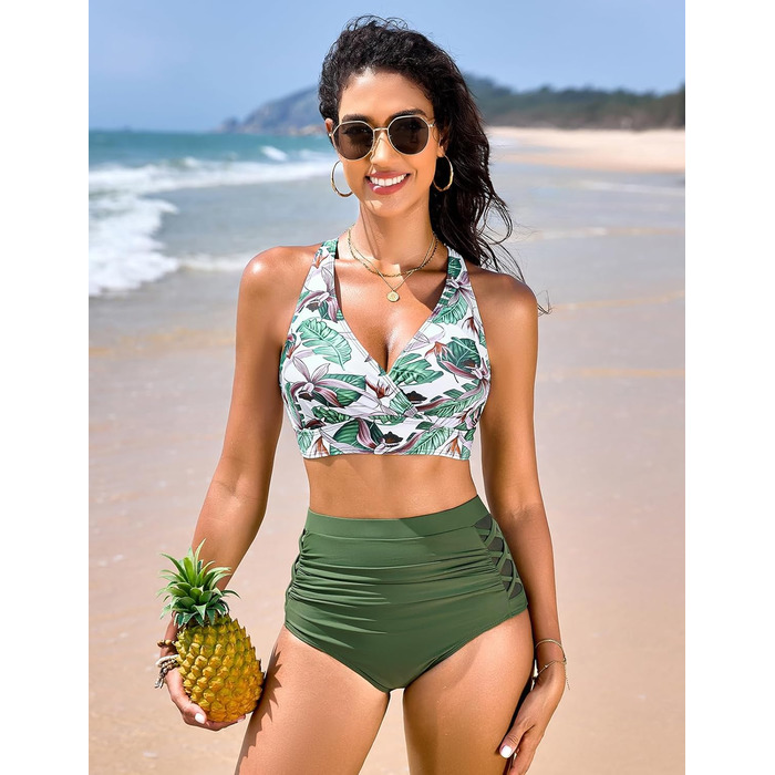 Бікіні жіноче CMTOP з високою талією, пуш-ап, двочастинний купальник, бавовняний, з принтом зеленого листя, розмір S