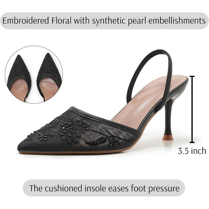 Жіночі вишиті туфлі-слінгбеки на низьких підборах (Kitten Heels) з гострим носком та перлинами, чорні, весільне взуття