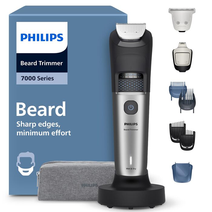 Тример для бороди Philips Beardtrimmer 7000 серії BT7670/15: самозаточувальні металеві леза, 40 налаштувань довжини, технологія BeardSense, водонепроникний, з зарядним пристроєм