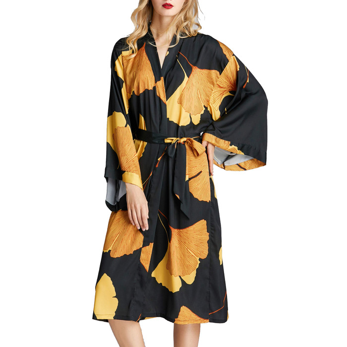 Жіночий халат-кімоно з довгим рукавом з атласу, принт листя гінкго, для нареченої/свідки, універсальний розмір, чорний