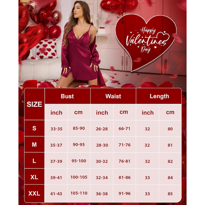 RSLOVE Комплект жіночого шовкового нічного одягу з мереживом - Сексуальна піжама, нігть, халат (L, Бордовий)