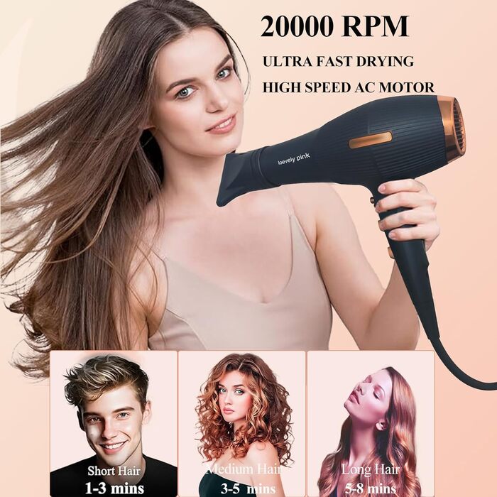 Професійний іонний фен для волосся Loevely Pink 2400W з дифузором, AC-мотором, 3 режимами температури та 2 рівнями швидкості