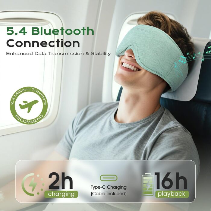 Bluetooth маска для сну з навушниками LC-dolida, м'яка світлозелена маска для повного затемнення очей, комфортні навушники для сну та подорожей, унісекс