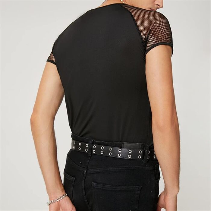 Чоловіча футболка з сіткою та патчами в стилі стрітвір, коротка, повсякденна, сексуальна, дихаюча футболка