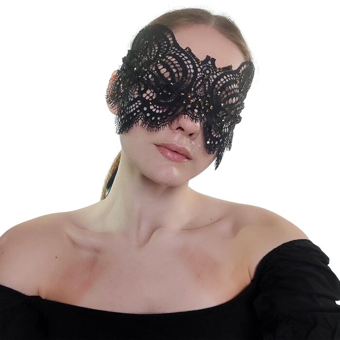 Чорна мереживна маска для жінок з блакитними стразами – венеціанська маска для маскарату, карнавалу, Хелловіну, вечірки, Фашинг, бал-маскарад, ручна робота, елегантна маска для очей (Чорний (блакитні стрази))