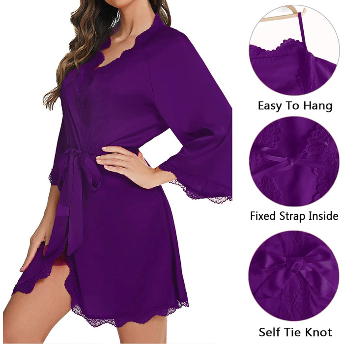 Шовковий халат-кімоно Aranei для вечірнього образу: короткий, з V-подібним вирізом та поясом (S, фіолетовий)