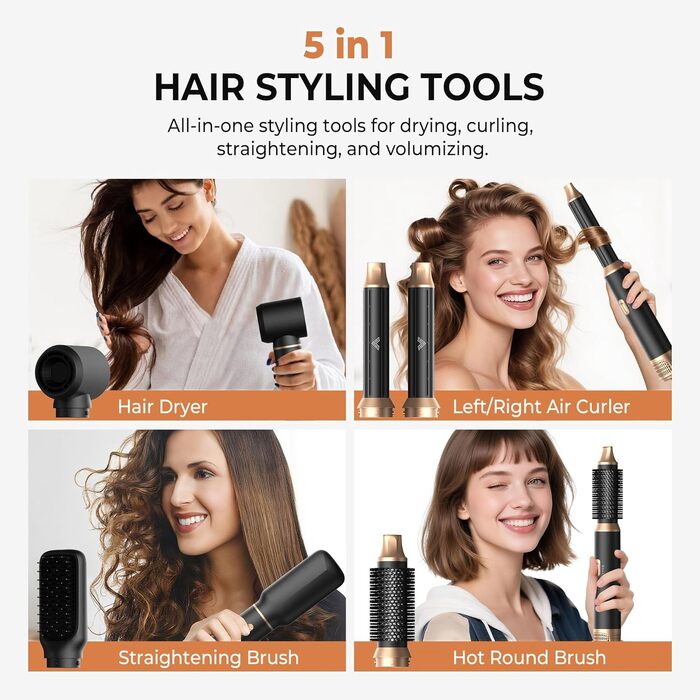 Мультистайлер для волосся 5 в 1 UKLISS Airstyler: фен, вирівнювач, круглі щітки та локони, чорний/золотий