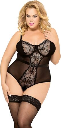 Чорна еротична спідниця-боді для повних фігур з мережива та тюлю з чашками XL