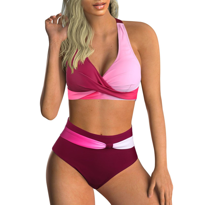 Двочастинний купальник Adigaber з V-подібним вирізом, перехресним візерунком, корегуючим животом. Розміри 3XL, кольори: червоний та рожевий