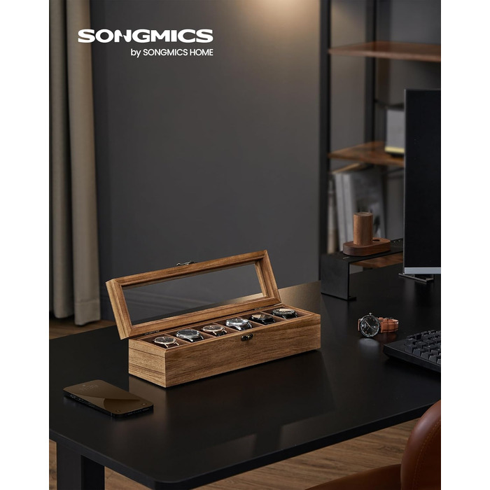 Бокс для годинників SONGMICS на 6 слотів з натурального дерева, шкатулка з кришкою зі скла та подушками, колір горіх, JOW006K01
