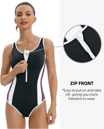 Жіночий спортивний купальник Racerback чорного кольору. Спортивна мода для плавання (44, фіолетово-чорний)