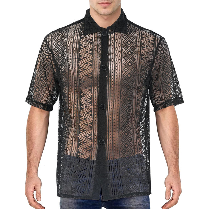 Прозора чоловіча сорочка сітка, мереживна майка, топ сітка для чоловіків, сексуальна білизна, повсякденний топ, чорний, S-4XL