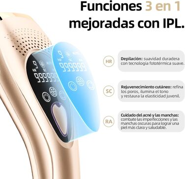 IPL-епілятор для дому з охолодженням 6°C, пристрій для видалення волосся з 999 900 імпульсами, 9 рівнів енергії, автоматичний та ручний режими для обличчя, тіла та бікіні-зони (Золотий)