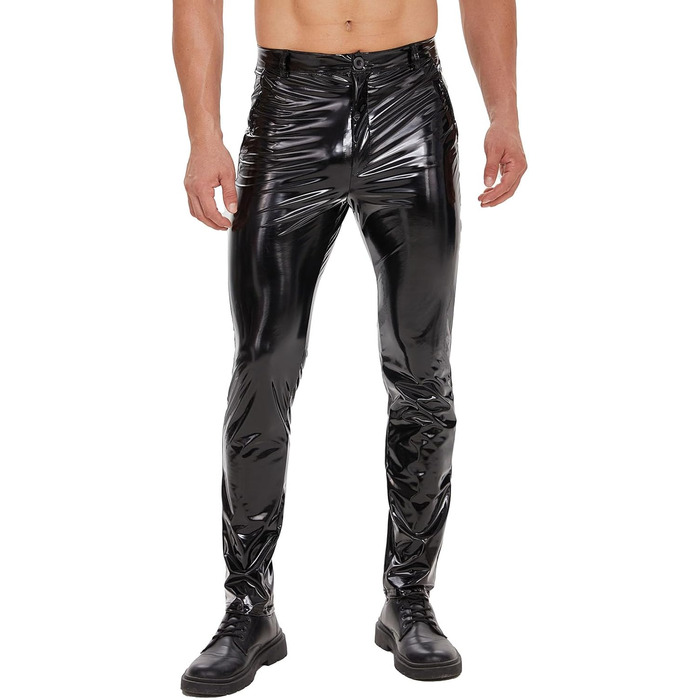 Чоловічі шкіряні штани Xokesy з блискучої шкіри, сексуальний вигин з блискавкою, еластична PU-шкіра, прямі, повсякденні штани для костюмів, косплею, нічного клубу (38, чорний)