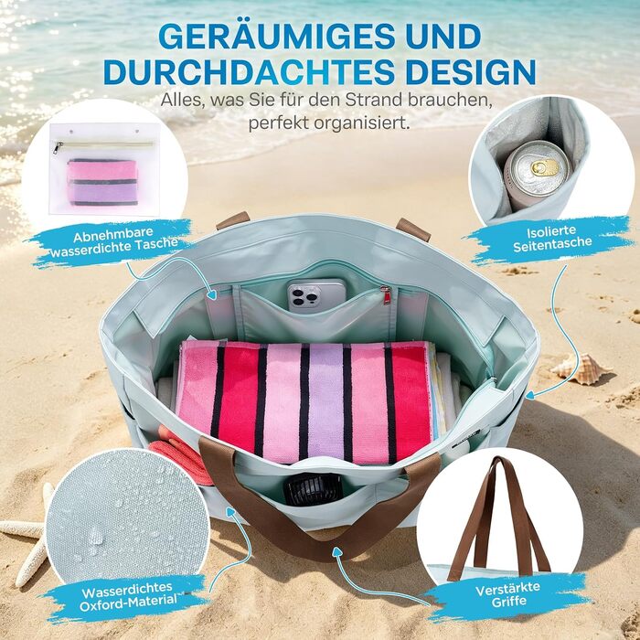 Пляжна сумка GAGAKU XXL/XL з термоізоляційним відділенням, водонепроникна велика сумка для пляжу та подорожей з блискавкою, складана сумка для сім'ї та басейну