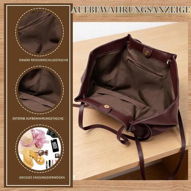 Жіноча сумка-шопер Tote Bag великого розміру, шкіряна сумка на плече з від’ємним ременем, вінтажна сумка для роботи, покупок та подорожей, винно-червона