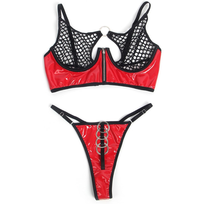 Сексуальний комплект нижньої білизни: мереживний бюстгальтер з ремінком та трусики. Бюстгальтер з кісточками, на блискавці, висока талія, лак, прозорий, чорно-червоний, великі розміри S-2XL