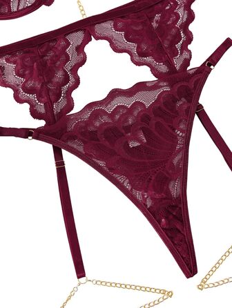 Сексуальний комплект нижньої білизни Lilosy з чокером, мереживний з квітковим візерунком, Push-up, стрінг, для жінок, прозорий бюстгальтер та труси, 3-частини (XXS, ланцюжок Бордовий)