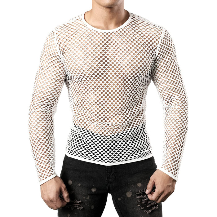 Чоловіча футболка JOGAL з довгим рукавом з мережива, прозора, військово-зелена (XXL, білий)