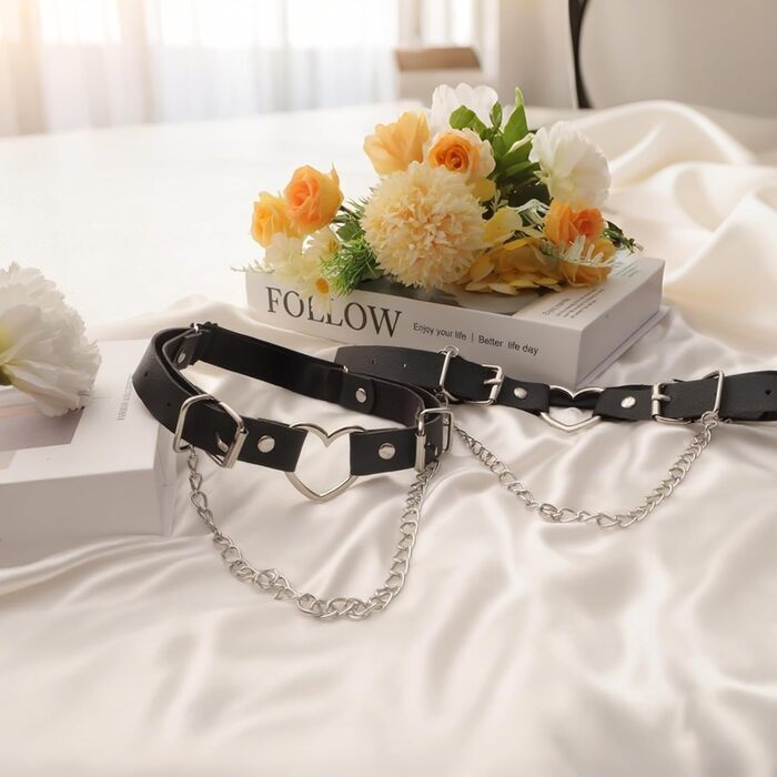 Чорні шкіряні гетри-стрінги з серцем та ланцюжком, регульовані, для косплею, вечірок, рокерського стилю, для жінок