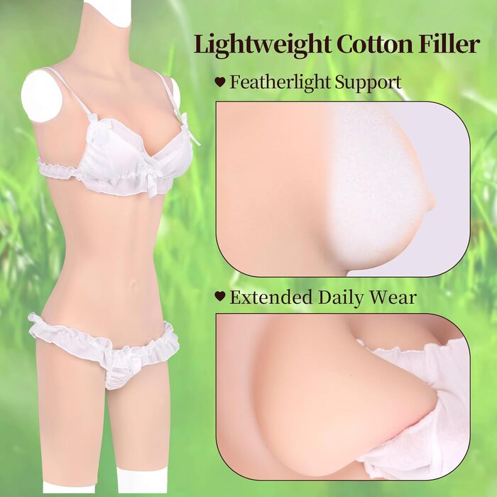 Боді для перевдягання YEEFAIRY з силікону, повноекранний, зі стоячим коміром, довжиною до колін, з реалістичною формою грудей та інтегрованою порожнистою структурою для партнерів, бавовна, натуральний (A Cup - S)