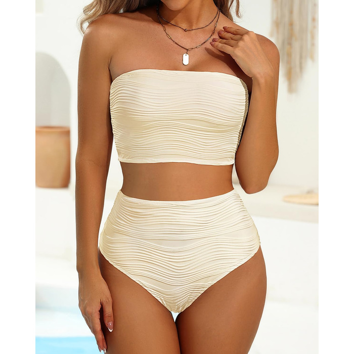 Світшотний бікіні-сет з високою талією – без бретелек, двочастинний купальник, трикотажний, довгий, повне прикриття, жіноча купальна білизна XL, бежевий