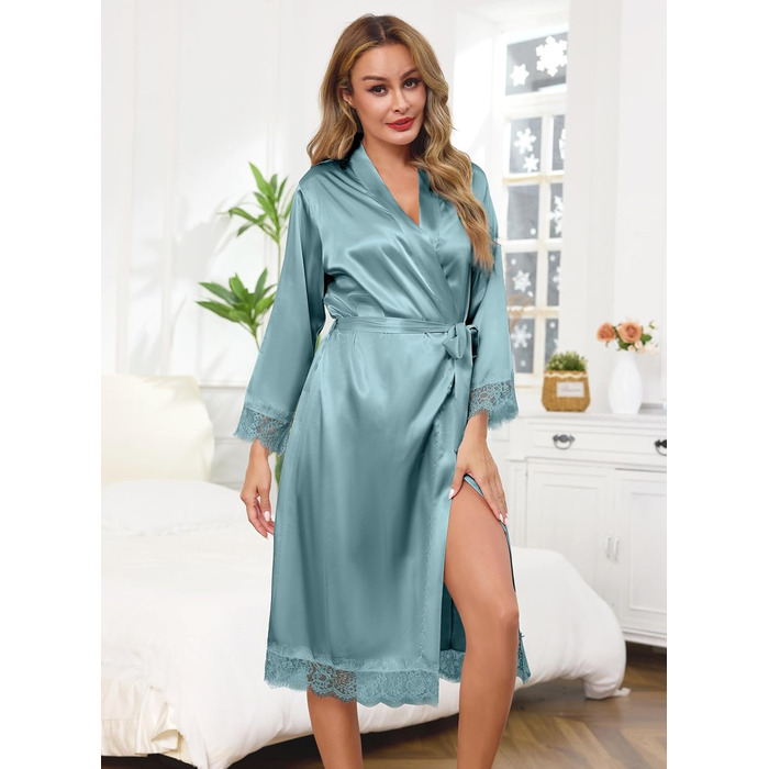 Жіночий халат Lovasy Satin Kimono з мереживом, довгий, колір сіро-зелений, розмір M